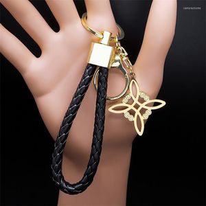 Keychains Witchcraft Irish Knot Keychain Gold Color Stainless Steel PU Leather Keyring Holder Amulet Jewelry Gift Nudo De La Bruja Acero