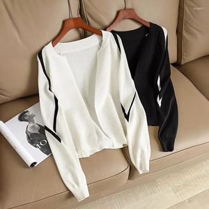 Women's Knits Spring Autumn Color-blocking Knitted Cardigan Women's Ice Silk Hollowed-out Jacket Sweater Loose Bolero Femme Long Sleeve