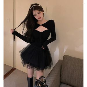 Vestidos casuais primavera moda sexy vestido preto vestido de manga longa chique hollow out buft club slim cintura uma mini festa à noite