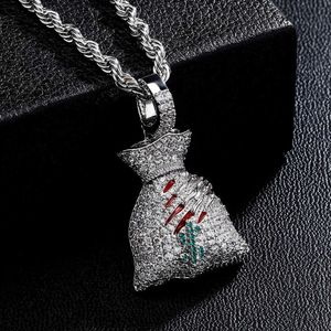 Hip Hop Money Bag Pendant Necklace With Dollar Symbol Trick Skull Hand High Quality Cubic Zirconia Street Trendy Jewelry Accessories Gold Plate Full Iced Out Cz Stone
