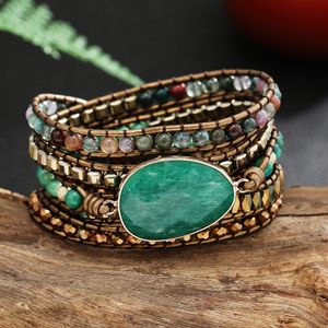 Chain Genuine Leather Natural Stone Gemstone Crystal Bead Bracelet Vinage Style Green Handwoven 5 Wrap Jewelry 230511