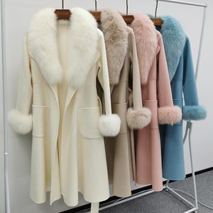 Frauen Wolle Frauen Blends Lange Mantel Luxus Pelz Kragen Manschette Kaschmir Graben Mantel Warme Winter Frühling 2023