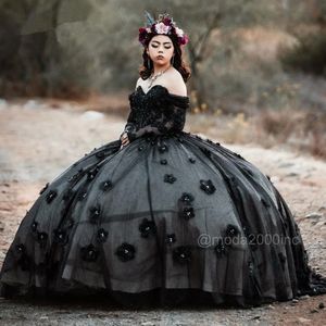 Black Princess Quinceanera Dresses Sparkly Appliques gothic Off Shoulder lace-up corset prom Sweet 15 Grils Vestidos De 16