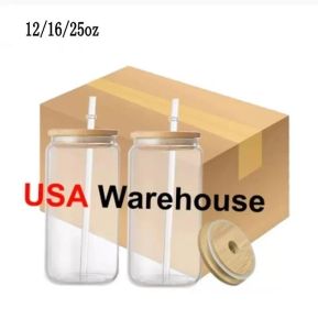USA Warehouse Sublimation 16oz Glass Can With Bamboo Lid återanvändbart halmöl kan transparent frostad glas tumlar soda kan kopp diy