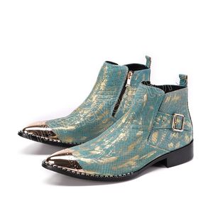 İngiliz tarzı gece kulübü parti ayakkabıları boş zamanlar sivri uçlu basılı kısa botlar moda erkek inek deri elbise botları