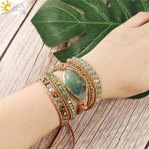 Kedja CSJA Natural Stone Armband Green Fluorit Crystal Aventurine Bead Leather Wrap Armband Multilayer Boho Jewelry Pulseira G118 230511