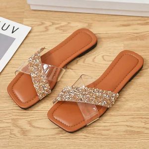 Slippers Bling Summer Slippers Women Flats Luxury Outdoor Flip Flops Women Sandals Gold Silver Design Transparent Shoes Big Size 36-43 G230512