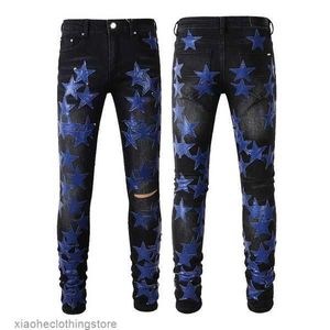 Rip Mens Guys Jeans Slim For Fit Skinny Man Pants Orange Star Patches Wearing Biker Denim Stretch Cult Stretch Motorcycle Trendy Long Straight Hip Hop With Hole B HN3N