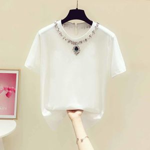 T-Shirt 2022 Summer Tshirt Women Tee Heavy Industry Sparkling Rhinestones Short Sleeve Tshirts Female Casual Tshirt AllMatching Tops