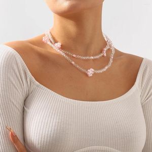 Choker Summer Cute Sweet Pink Flowers Beaded Short Clavicle Necklace For Women Girls Vacation Beach Jewelry