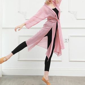 Women's Blouses Women Chiffon 3/4 Sleeve Split Cardigan See-Through Open Stitch Top Irregular Hem Long Robe Dance Tops Classical Dancing