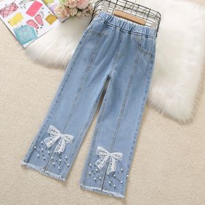 Jeans barn barn jeans baby flicka klassiska denim byxor lösa avslappnad småbarn barn breda ben jeans långa byxor för tonårsflickor 4-13 230512
