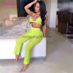 レディースツーピースパンツAdogirl 2019 Summer Fishnet KnittedWomen Sexy See seol sexe seol seol night club suits bra top pantsカジュアルビーチ衣装t230512