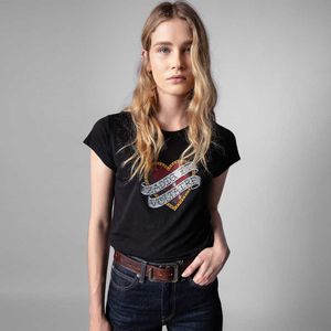 Zadig Voltaire 23ss Women Designer T Shirt New Love Letter Printing Hot Diamond Round Neck Black Summer Cotton Short Sleeve Fashion Tops