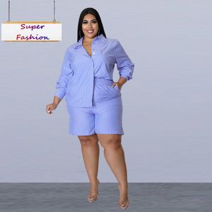 Frauen Plus Größe Trainingsanzüge L5XL Sommer Zwei Stück Set Kleidung Casual Lose Gestreiften Hemd Kurzen Anzug Damen Outfit Drop 230511