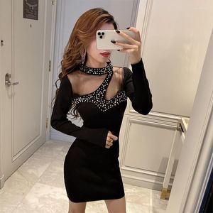 Casual Dresses Fashion Lace Hollow Sexy Mini Dress 2023 Autumn Winter Long Sleeve Sticked For Women Hip Wrap BodyCon Nightclub