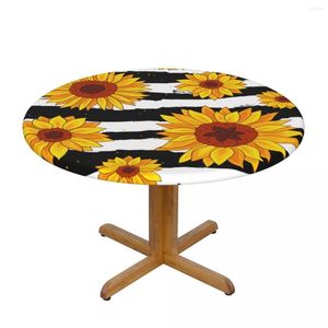 Table Cloth Round Cover For Dining Elastic Tablecloth Yellow Sunflowers On Black And White Striped Fitted House El Decoration