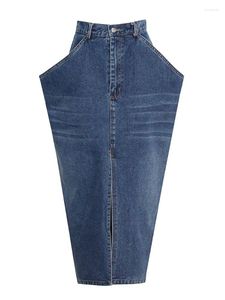 Kjolar kvinnor oregelbundna kjol överdrivna stora fickor blå tvättade denim bodycon sommar slits sexig penna