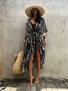 Kvinnors badkläder Summer Beach Cover Ups Vintage Printed Belted Kimono Long Cardigan Casual Loose Beachwear Outfits Swimsuit Cover Robe 230511