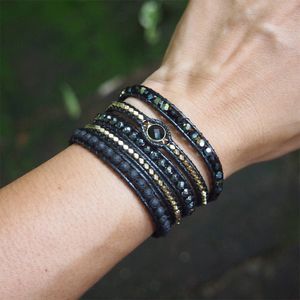 Kedjemän och kvinnor Bohemian Black Mix Natural Stone Beadwork 5 Wraps Armband Smycken 230511