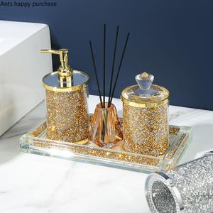 Sets Glas-Badezimmer-Set, Lotionsflasche, Wattestäbchen-Box, Seifenspender, Handdesinfektionsmittel, Flasche, Aufbewahrungstablett, Badezimmer-Produkt-Aufbewahrungstank