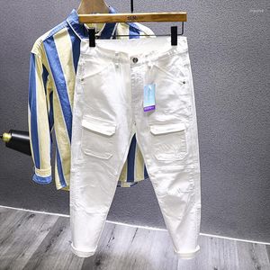 Jeans masculinos 2023 Designer Men's White Patch Slim Fit Fashion Pocket Pocket Stretwear Male Youth Biker Denim Troushers