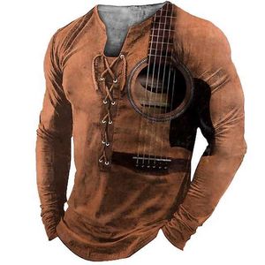 Rukas T-Shirt Grafik Guitar Enstrüman yaka açık mor yeşil mavi mor sarı 3D baskı açık uzun kollu baskılı dantel giysiler