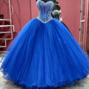 Quinceanera sukienki księżniczki niebieskie kryształowe cekiny cekiny kulkowe koronki z ukochaną tiulą plus sweet 16 debiutante impreza urodzinowa vestidos de 15 anos 120