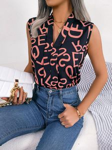 Women's Blouses 2023 Summer Fashion Women Chiffon Blouse Sleeveless V Neck Ladies Office Work Top Casual Female Vintage Under Letter Print