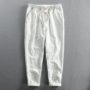 Calça masculina verão linho fino linho casual calças masculinas vestem o tornozelo no estilo coreano streetwear listrado calças calças preto 230512