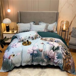 Yatak takımları vintage şık yeşil pembe peacock lotus nevresim kapak 1000tc Mısır pamuklu canlı 4pcs set 1bed sac 2pillowcases