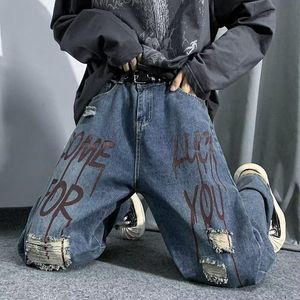 Calças y2k roupas de alta rua hip hop lavado angustiado carta impressa jeans marca moda masculina perna reta perna larga calças soltas casal