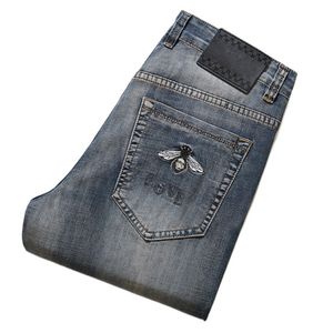 Calças de brim dos homens novos jeans calças chino calça calças dos homens estiramento outono inverno closefitting jeans calças de algodão lavado em linha reta negócios casual pequena abelha bordado g8