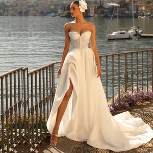 Vintage Sweetheart A Line Wedding Dresses Draped Asymmetrical Bridal Gowns for Bride Bead Top Rode De Morrie With Slit