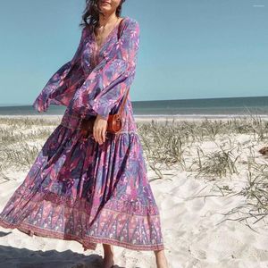 Lässige Kleider Happie Queens Frauen Lila Blumendruck Fledermausärmel Strand Böhmische Plissee Maxi Damen V-Ausschnitt Sommerkleid Vestidos