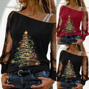 Damen-T-Shirts, Badeoberteile, Damenmode, Weihnachtsdruck, kalte Schulter, Netzstoff, langärmelig, gespleißte Bluse, Damen-Tunika, kurz