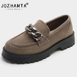 Klänningskor Jozhamta storlek 3442 Casual Loafers for Women Real Leather Flats Platform Shoes Fashion Chain Chunky Heel Ladies Retro Office 230511