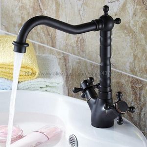 Rubinetti per lavabo da bagno Rubinetto in ottone lucidato a olio nero Beccuccio girevole a 360 gradi Miscelatore per lavabo con doppia maniglia a croce Nsf076