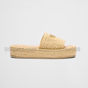 Top quality fabric sandals slippers raffia straw slides womens triangle buckle design sandals thick bottom flat shoes beach sandals slider big sizes wholesale