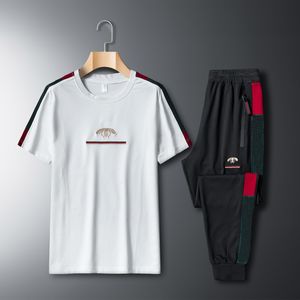 Fatos masculinos elástico casual bordado manga curta o-pescoço terno de fitness calças esportivas conjunto de duas peças treino masculino streetwear roupas