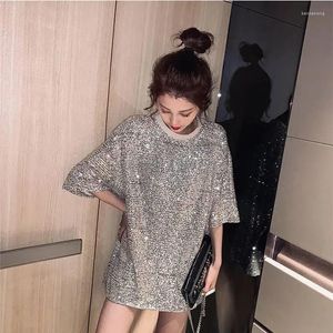 Abiti casual Stile coreano Primavera Estate T-shirt Ragazza manica corta Top lunghi T-shirt donna Harajuku con paillettes Abito allentato argento