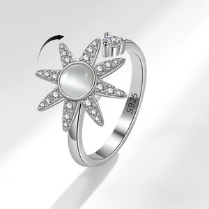 Anéis de casamento Crystal Sun Solar for Women Rotativo Anti -estresse Ansiedade de zircão Anel de pedra da lua ajustável Presos de joias de prata de prata