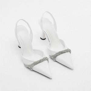 Sandaler High Heeled Rhinestone Leather Shoes Women Slingback Heels Point Toe Stiletto Autumn White Shiny Pumps Woman 230406