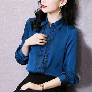 Blusas femininas camisas de primavera botão sólida de seda Blusa de seda Mulheres de manga longa Camisa de blusa de cetim azul e tamanho de mulher