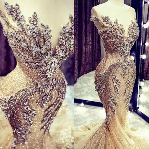 Luxury Gold Evening Dresses Lace Crystal Beads Sequin Sweep Train Formal Bridal Pageant Prom Gowns Custom Made 2023