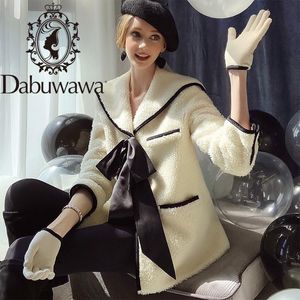 فرو dabuwawa bow الأمامي فراء فرو معطف فرو معطف وينتر سترة سترة حلوة أفخم دافئ معطف سميك سميك أنثى dt1dfr018