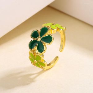 Klusterringar 925 Sterling Silver Geometric Green Leaf For Women Men Simple Korean Fashion Open justerbar handgjorda ringar