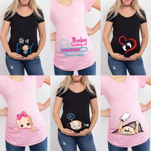 Maternità Tops Tees Summer Funny Cartoon Print Maternity Pink Abbigliamento T-shirt incinta manica corta taglie forti Top T-shirt donna 230512