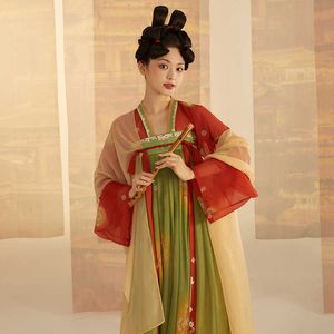 Ethnic Clothing Hanfu Dress Chinese Style Embroidery Silk Red Shirt Green Skirt Tang Dynasty Banquet Comes Classical Dance Outfits DQL7454 G230428