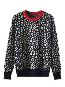 Herrtröjor Autumn Winter Women Leopard Sticked Pullovers långärmad kontrastfärg hoppare